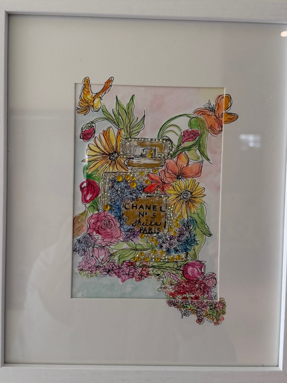 Chanel No. 5 Floral Perfume hand painted watercolor embellished with crystals